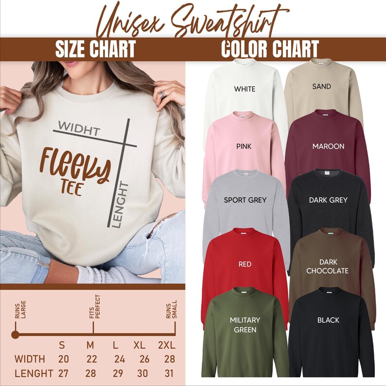 a woman wearing a sweatshirt with the words, sweat sweat shirt color chart