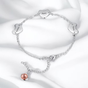 Personalized Birthstone Heart Charm Bracelet, Stainless Steel Engraved Jewelry, Custom Birthstone Gift for Her