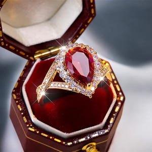 Puede incluir: Un anillo de oro con una gran piedra roja en forma de pera rodeada de piedras pequeñas transparentes. El anillo está en una caja de anillo de terciopelo rojo.