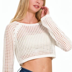 Ivory Crochet Knit Cropped Sweater – Hollow Knit Beach Cover Up | Lightweight Long Sleeve Boho Pullover | Zenana Round Neck Mesh Top