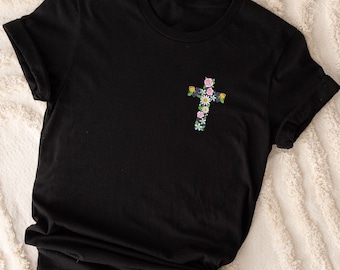 T-shirt met bloemen en kruisgeborduurd: T-shirt christelijk geloof
