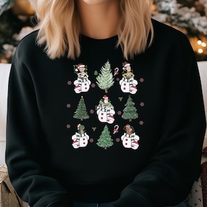 Festive Snowman and Christmas Tree Sweatshirt, Snowman Christmas Sweatshirt, Cute Holiday Pullover for Women, Cozy Christmas Sweater Gift