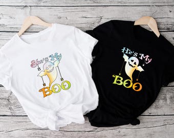 Camisetas de fantasmas de Halloween para parejas, camisetas a juego de "Ella es mi novio" y "Él es mi novio", lindas camisetas espeluznantes para parejas, divertido regalo de Halloween para él y para ella