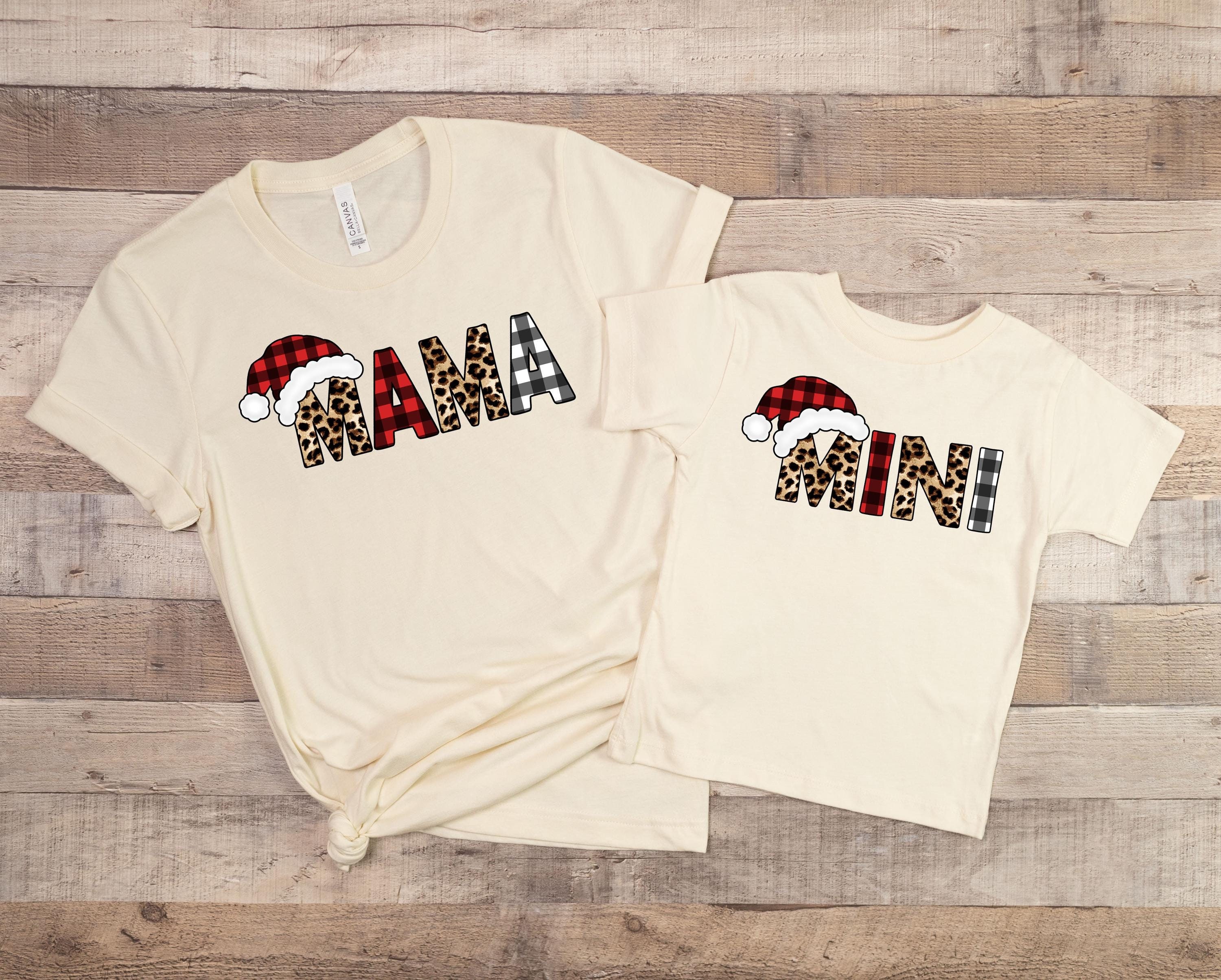 Mama & Mini Christmas Plaid Leopard Matching Shirts, Mama and Mini Christmas Cute Sweatshirt Cute Holiday Family Outfits with Santa Hat