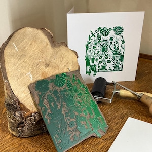 Betty - in the garden/ pot plant party. Hand printed linocut card.