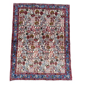 4x5 Vintage Hand Woven Persian Rug: White & Blue Floral Carpet