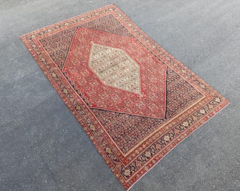 Vintage Persian Style Rug 7.1x11.0 ft | Large Red Medallion Carpet | Handwoven Wool Area Rug