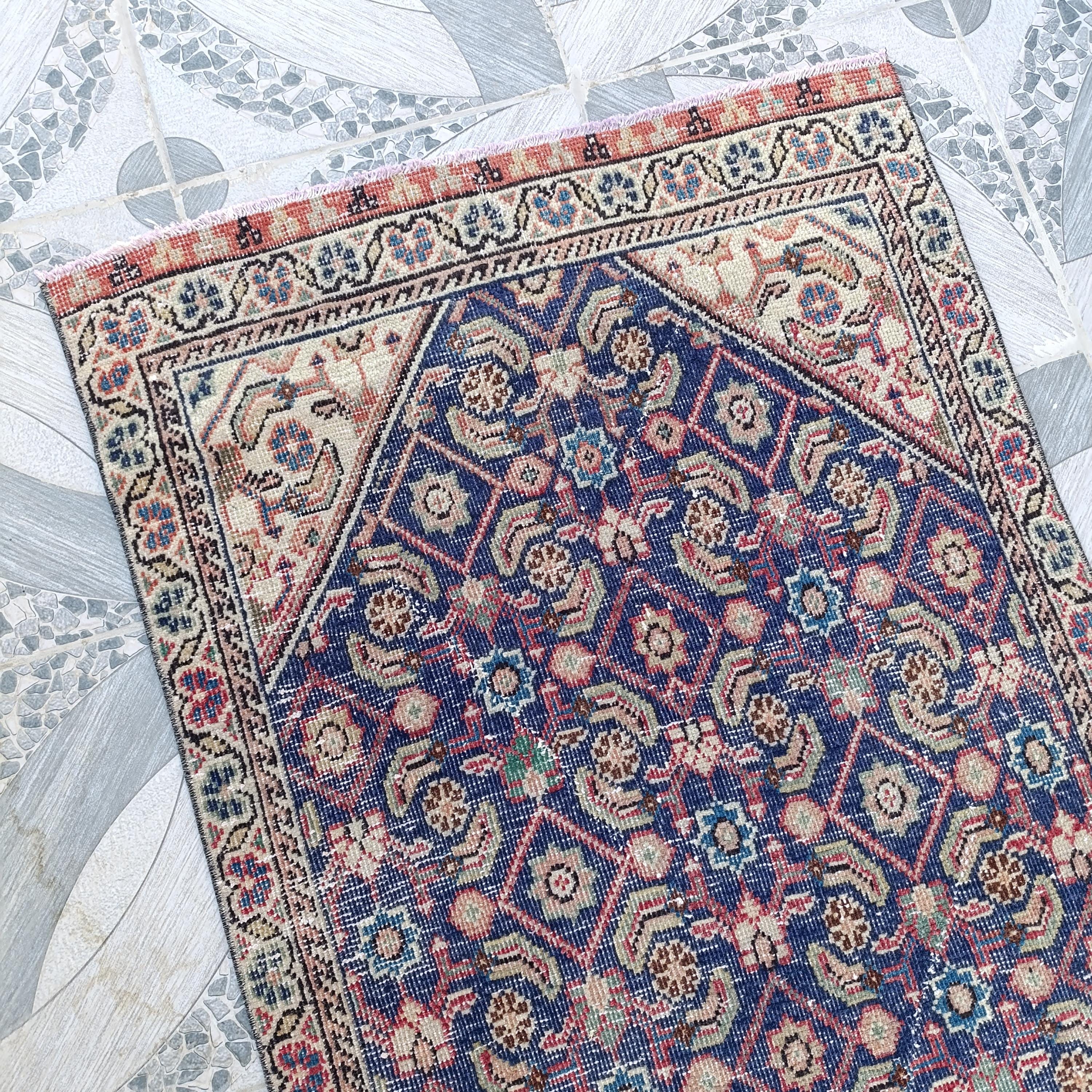 ヴィンテージ ペルシャスタイル ランナーラグ 3.2x9.8フィート ブルー