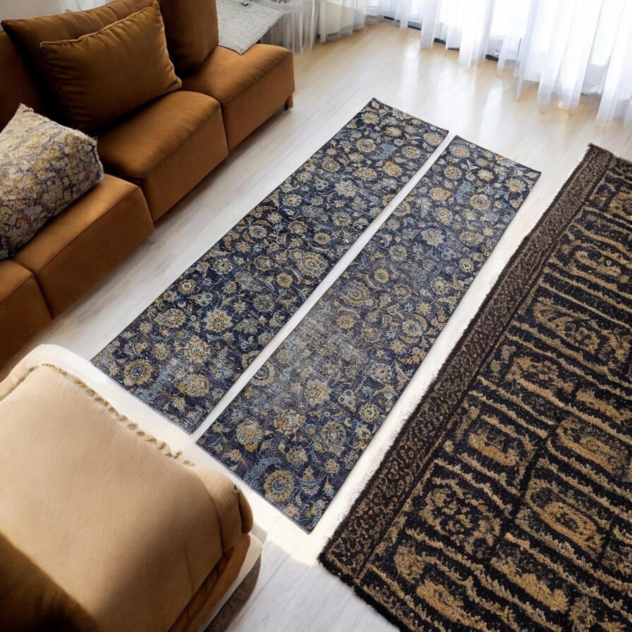 ヴィンテージ ペルシャ花柄ランナーラグ：手織りブルーアンティーク