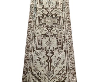 Persian Style Vintage Runner Rug 2.8x9.1 ft – Beige Brown Geometric Runner Carpet