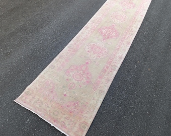 Vintage Faded Pink Persian Style Runner Rug: Handmade Wool Hallway Rug