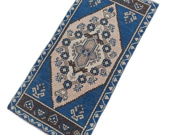 Vintage Anatolian Rug 1.7x3.3 ft, Small Turkish Rug, Blue Handmade Wool Rug, Entryway Rug, Boho Decor