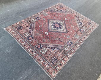 Antique Persian Style Rug 9.9x13 ft | Large Red Medallion Wool Carpet