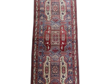 Vintage Handwoven Wool Runner Rug: Geometric Persian Style Design, 4.10x10.6 ft