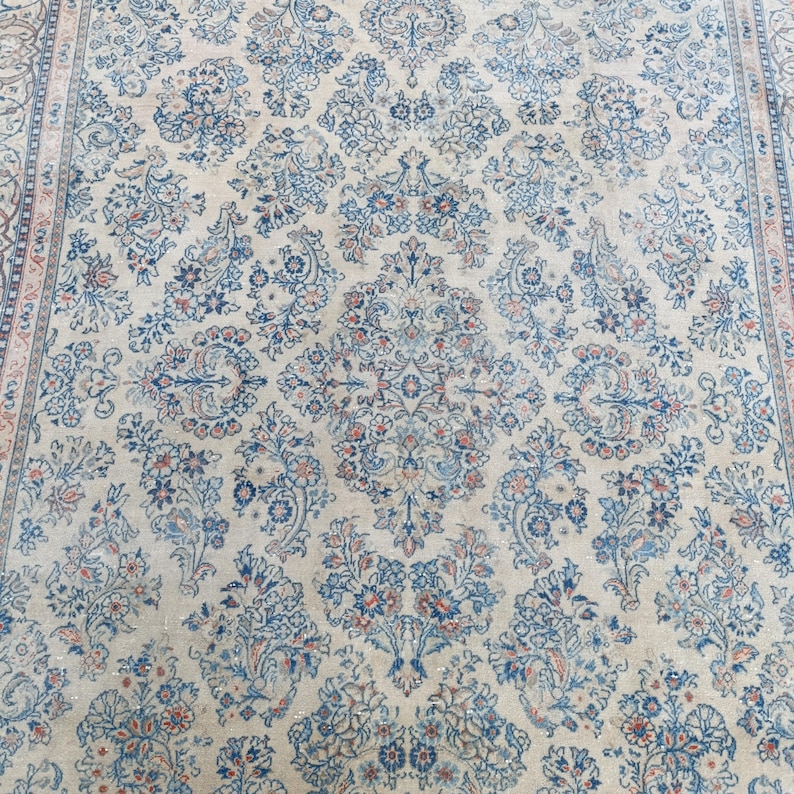 May include: Cream-colored area rug with an intricate floral pattern in shades of blue and coral. The rug features a central medallion design and a detailed border, suitable for living rooms or bedrooms.