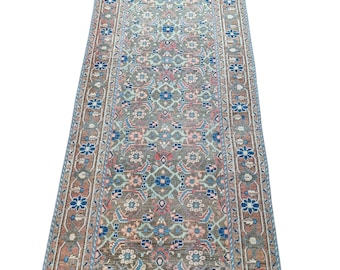 Vintage Turkish Runner Rug 3.6x9.5 Ft, Handwoven Wool Hallway Rug, Geometric Floral Carpet, Antique Anatolian Long Rug, Boho Home Decor