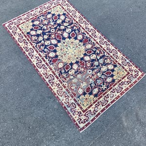 Vintage Persian Rug 3.7x6.1 ft – Handwoven Navy Blue & Red Floral Area Carpet