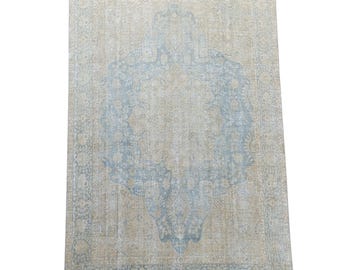Antique Persian Style Rug 9x12: Faded Blue Medallion Wool Carpet