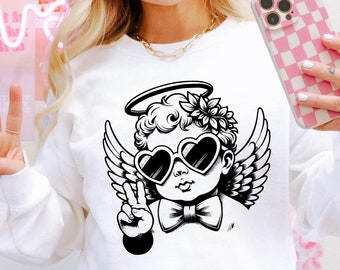 Sudadera con cuello redondo de ángel y cupido de San Valentín retro, estilo hipster, perfecta para el día de San Valentín, regalo de cumpleaños para novio, camisa de San Valentín para hombre