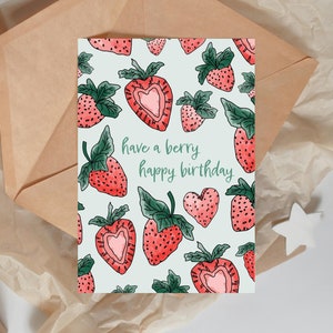 Carte de joyeux anniversaire | Carte imprimable | carte inspirée du sablé aux fraises | Téléchargement numérique | Carte d'anniversaire imprimable | Cadeaux aux fraises