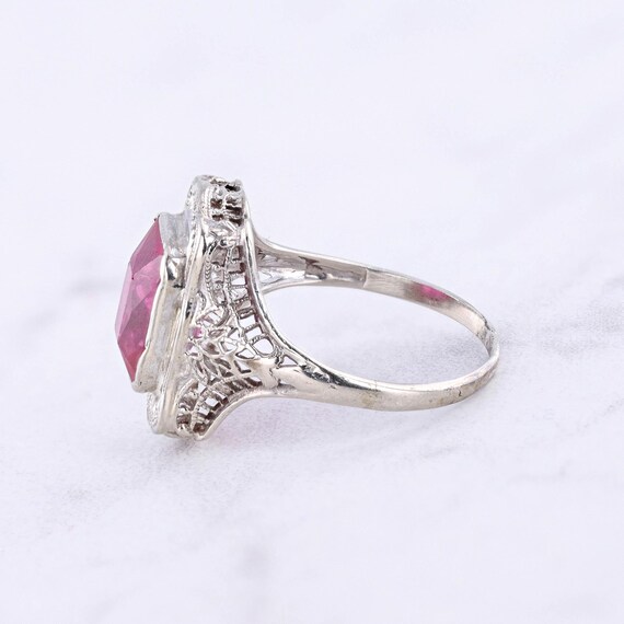 Art Deco Synthetic Ruby Ring of 10k White Gold - image 4