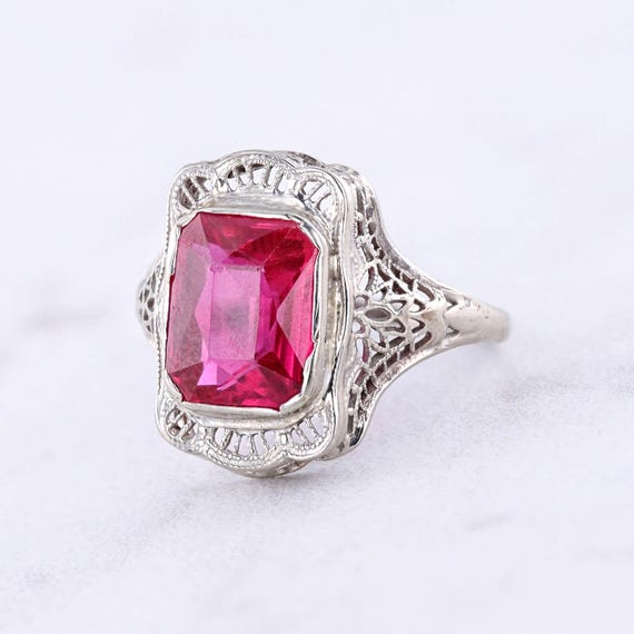 Art Deco Synthetic Ruby Ring of 10k White Gold - image 3