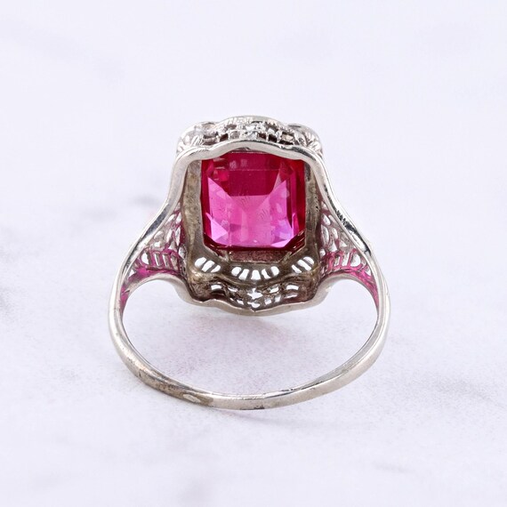 Art Deco Synthetic Ruby Ring of 10k White Gold - image 5