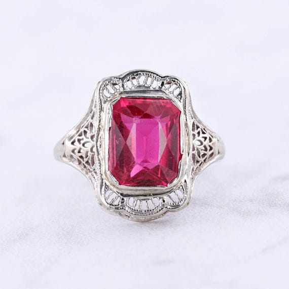 Art Deco Synthetic Ruby Ring of 10k White Gold - image 2