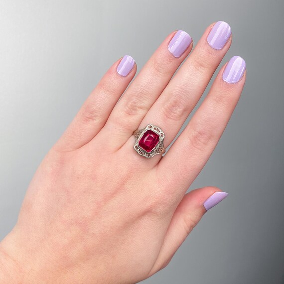 Art Deco Synthetic Ruby Ring of 10k White Gold - image 7