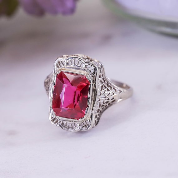 Art Deco Synthetic Ruby Ring of 10k White Gold - image 1