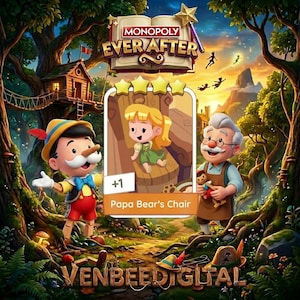 May include: A vibrant Monopoly Ever After game box illustration. Pinocchio and an elderly man with a doll stand on a forest floor. A card shows a girl in a green dress. The game's title is displayed above.