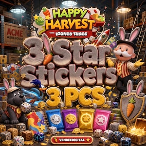 May include: A Happy Harvest with Looney Tunes 3 Star Stickers 3 PCS set featuring a cartoon rabbit in a top hat, a grey dog, and a Road Runner character. The image includes four colorful foil sticker packs, dice, a treasure chest, and a shield.