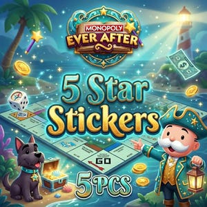 May include: A vibrant illustration for "Monopoly Ever After" featuring a pirate, dog, treasure chest, and a lighthouse. The image includes a Monopoly board game, dice, coins, and the text "5 Star Stickers" and "5 PCS".