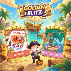 May include: A vibrant illustration for a game titled "Golden Blitz" features a cartoon pirate, treasure chests, and a ship. Two game cards show a sleeping tiger and a dog on a boat. The background includes a beach, palm trees, and a blue sky.
