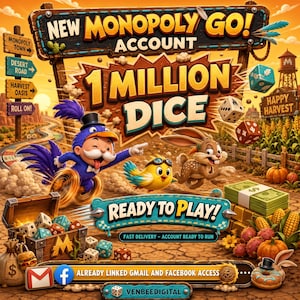 May include: A digital graphic for a Monopoly Go account featuring the text NEW MONOPOLY GO! ACCOUNT 1 MILLION DICE. The image displays a cartoon bird, a rabbit, dice, a treasure chest, stacks of cash, corn, and pumpkins with the text READY TO PLAY!