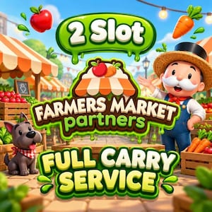 May include: A digital graphic featuring the text 2 Slot, Farmers Market partners, and Full Carry Service. The image displays a cartoon farmer with a white mustache wearing a straw hat and blue overalls, alongside a small gray dog with a red bandana.