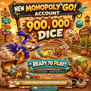 May include: A digital graphic for a Monopoly Go account featuring the text 900,000 DICE, READY TO PLAY!, and ALREADY LINKED GMAIL AND FACEBOOK ACCESS. The image displays a cartoon character, a rabbit, a bird, dice, and stacks of money.
