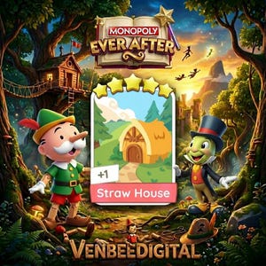May include: A vibrant illustration for "Monopoly Ever After" features Pinocchio and Jiminy Cricket. A card shows a straw house with a +1 bonus. The game's title is displayed above, with the text "Venbee Digital" at the bottom.