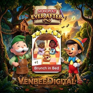 May include: A colorful illustration for Monopoly Ever After. The image features cartoon characters, including a dwarf and Pinocchio, holding a card that says "Brunch in Bed." The background includes a treehouse, forest, and castle.