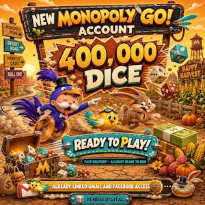 May include: A digital graphic for a Monopoly Go account featuring the text NEW MONOPOLY GO! ACCOUNT 400,000 DICE. The image displays a cartoon bird character, a rabbit, a treasure chest filled with dice, stacks of cash, and READY TO PLAY text.