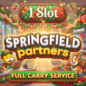 Könnte beinhalten: Eine digitale Illustration eines weihnachtlich dekorierten Ladeninneren mit dem Text 1 Slot, Springfield partners und Full Carry Service. Eine Zeichentrickfigur mit Schnurrbart und ein Corgi-Hund sind zu sehen, umgeben von festlicher Dekoration.