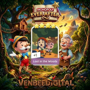 May include: A Monopoly Ever After board game box illustration. The image features Pinocchio, a card with two children, and an older man. The background shows a forest with a treehouse, a bridge, and the text "Lost in the Woods".