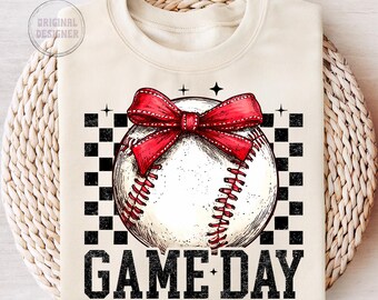 Retro game day baseball png, baseball mama png, baseball coquette png, baseball shirt design, checkered baseball png, baseball bow png