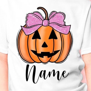 May include: White t-shirt with a pumpkin with a pink bow and the word "Name" printed on it.  Digital download PNG.