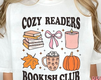Cozy readers bookish club PNG, bookish society png, retro fall pumpkin bow png, fall coquette, cozy girl season, fall design, bookish png