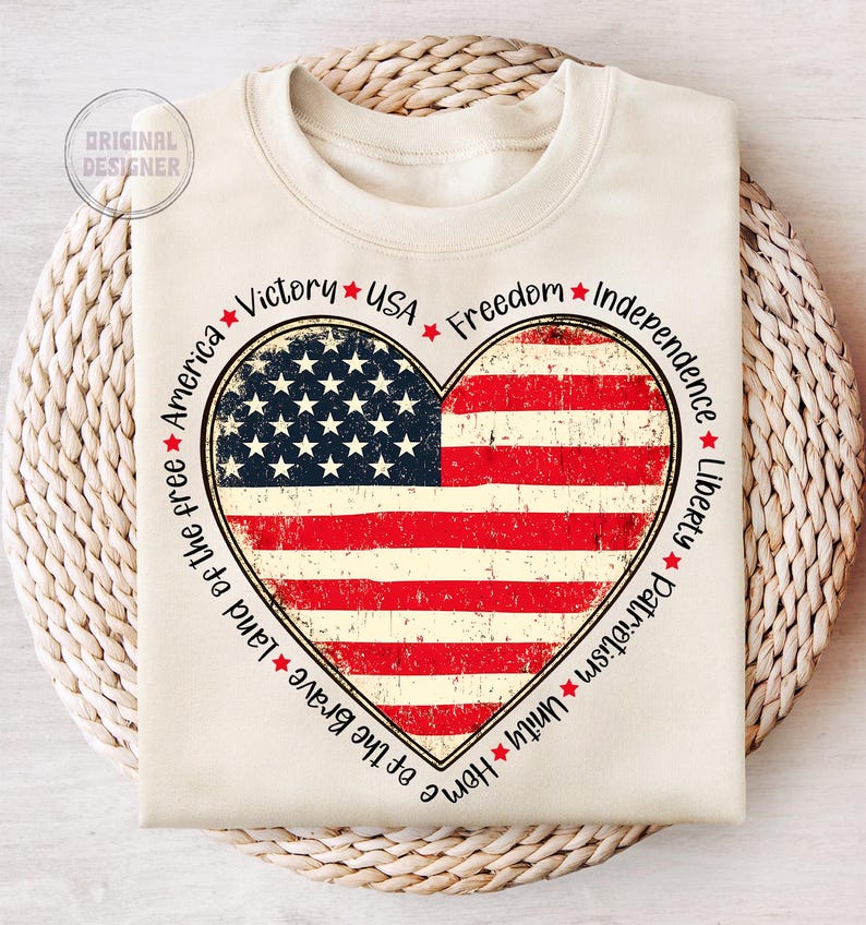 May include: A beige sweatshirt with a distressed American flag heart design. The heart is surrounded by the words "Victory", "USA", "Freedom", "Independence", "Liberty", "Patriotism", "Unity", "Home", "of the Brave", "Land of the free", and "America".