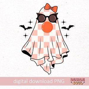 May include: A pink and white checkered ghost wearing sunglasses and a red bow. The ghost has a large orange circle for a nose. There are two black bats flying above the ghost.