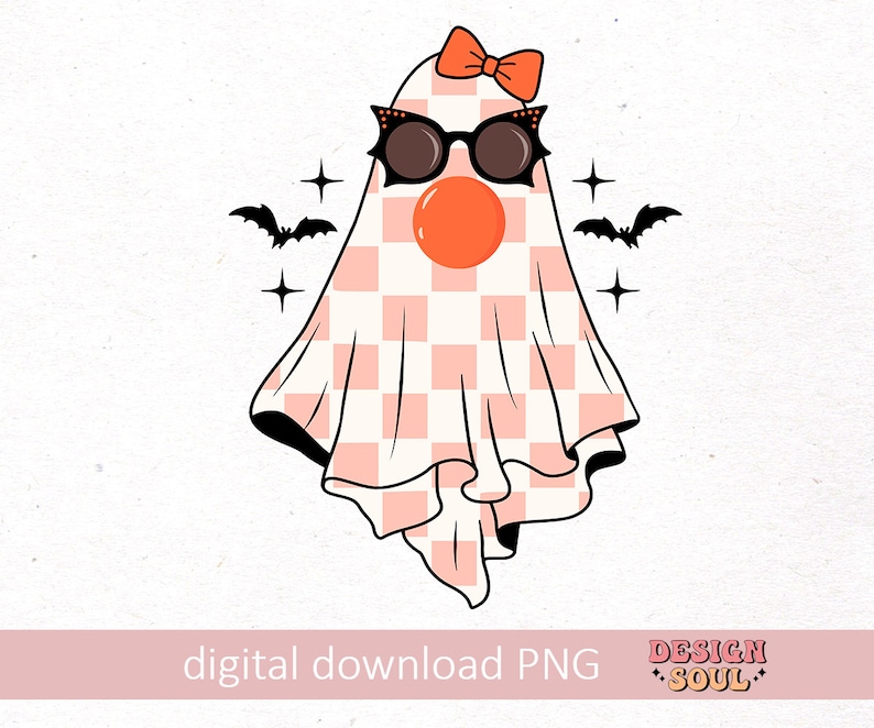 May include: A pink and white checkered ghost wearing sunglasses and a red bow. The ghost has a large orange circle for a nose. There are two black bats flying above the ghost.