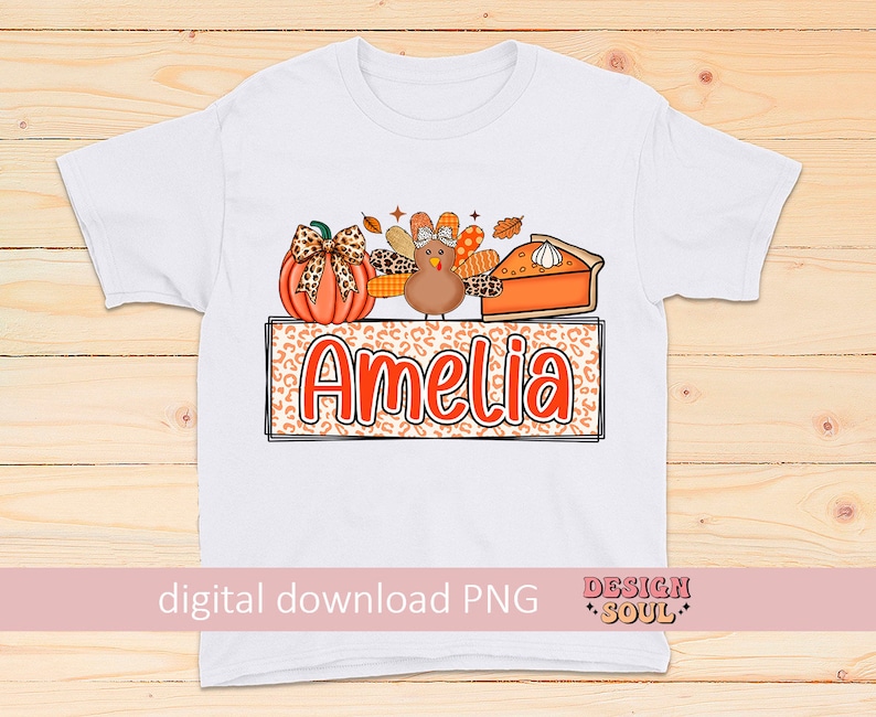 May include: White t-shirt with a Thanksgiving-themed design featuring a pumpkin, a turkey, and a slice of pie. The design is surrounded by a leopard print frame with the name "Amelia" in orange letters.