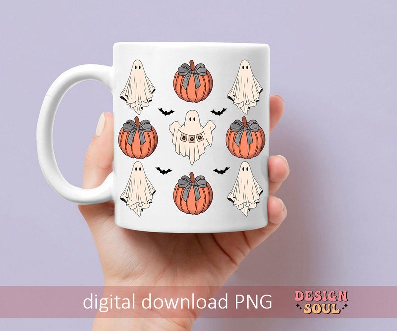 May include: White ceramic mug featuring a Halloween-themed design. The design includes orange pumpkins with gray bows, white ghosts, and black bats. The mug has the text "digital download PNG".